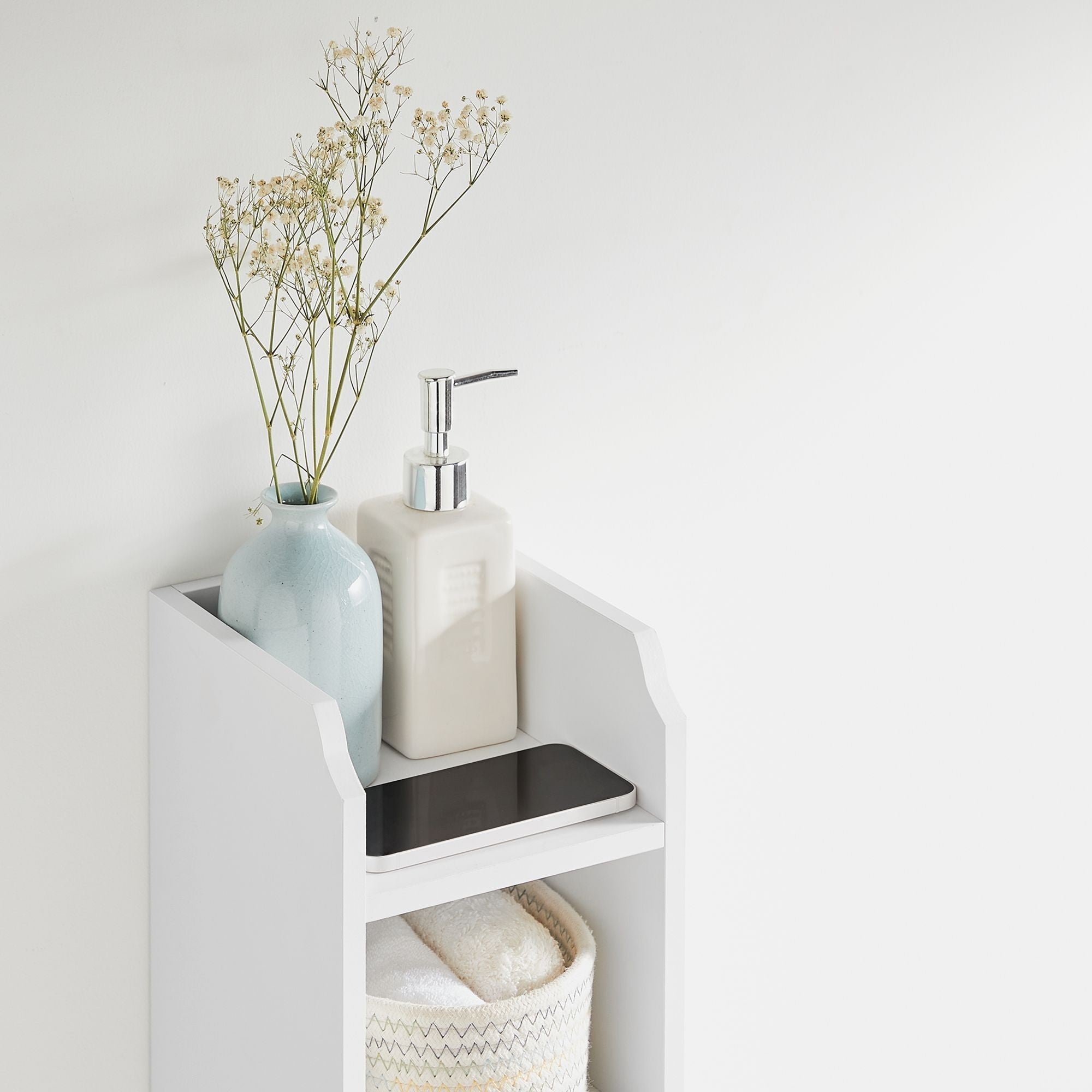Keskeny fürdőszoba szekrény, 1 ajtós, fehér 20x18x80cm-4