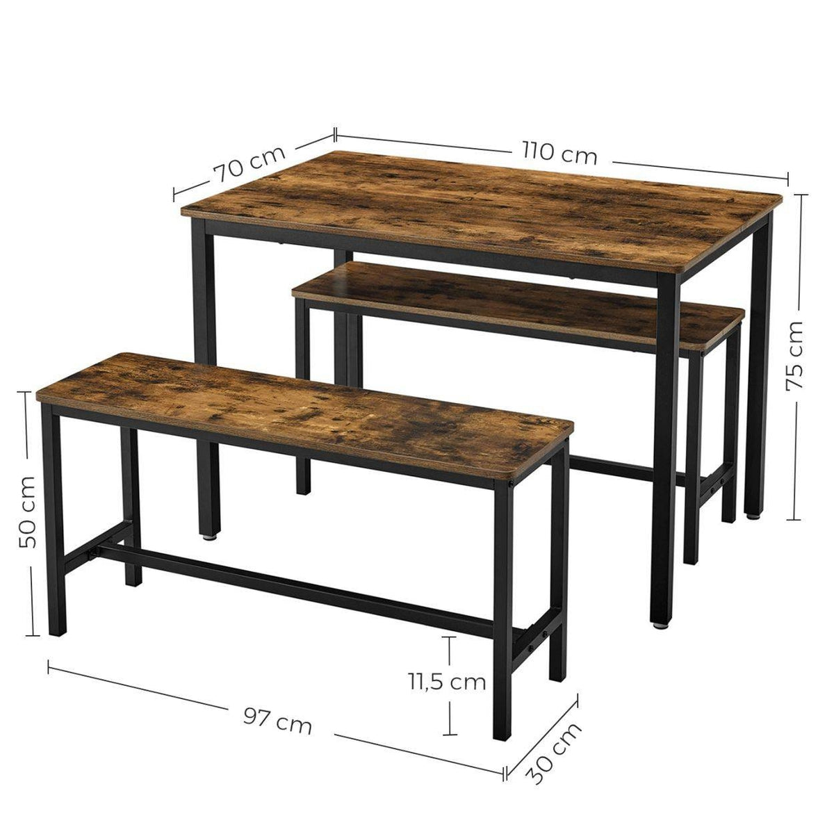 Étkezőasztal két paddal, rusztikus barna 110x70x75cm-2