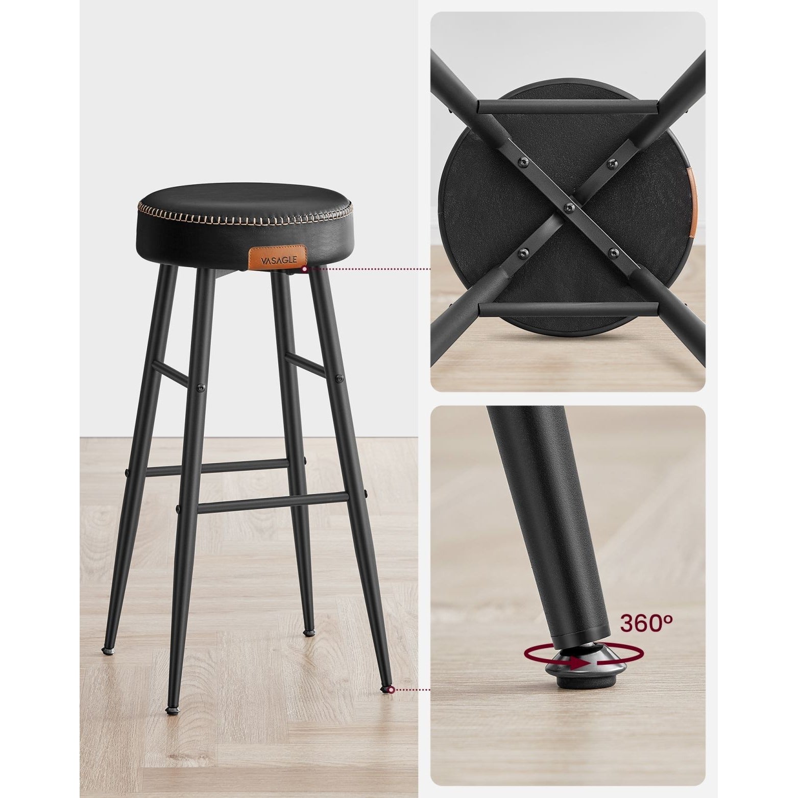 ECHO Bárszék 2 db, varrott műbőr borítás, fekete, 76 cm magas-6