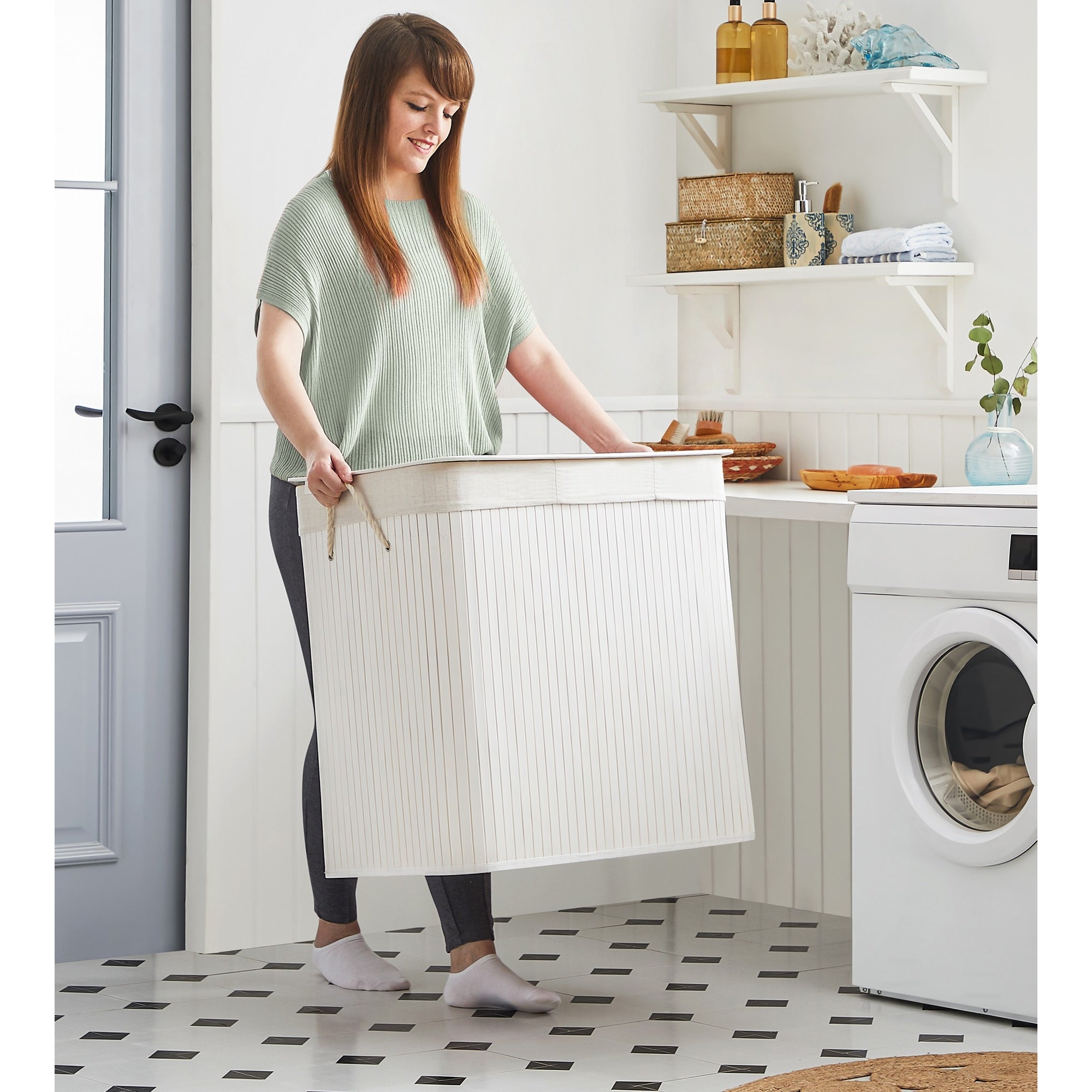 Bambusz kosár szennyestartó 3 rekeszes 3x50L, fehér-5