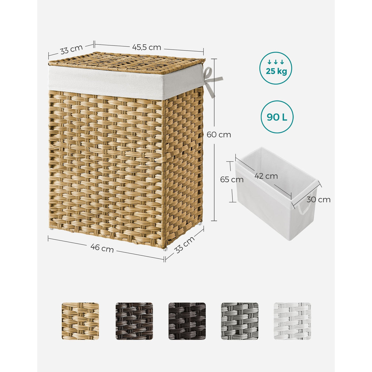 Kézzel fonott rattan szennyeskosár, összecsukható, kivehető zsákkal 90L, sárga-6