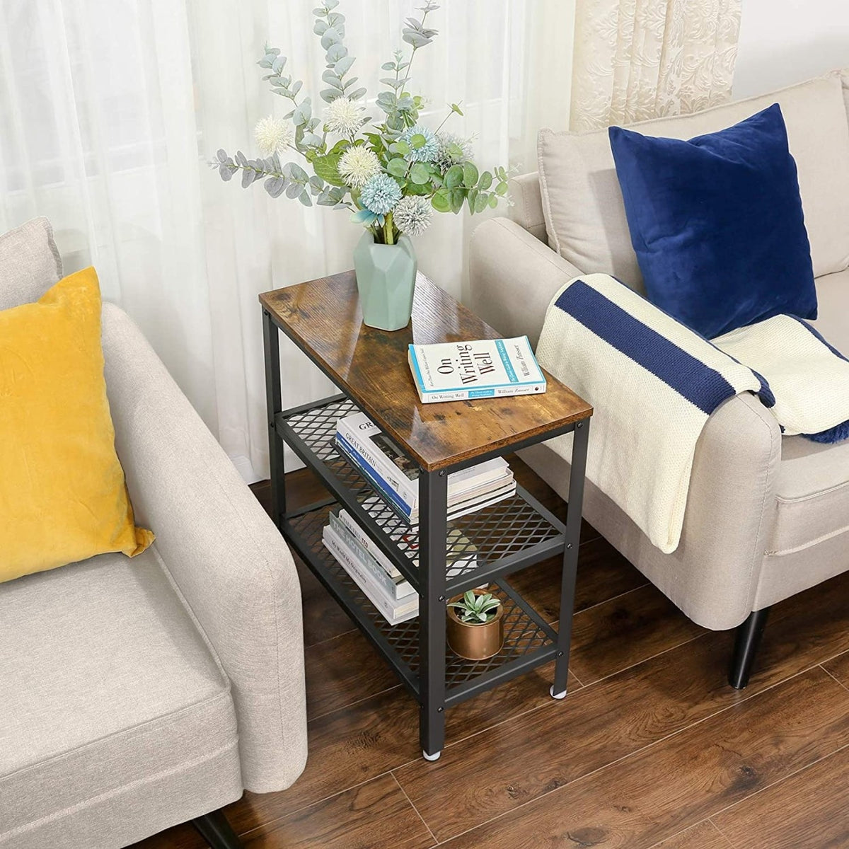Lerakóasztal két fém hálós polccal, rusztikus barna 60x30x60cm-3