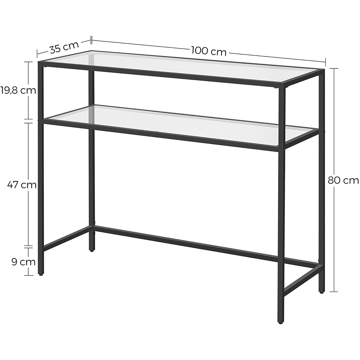 Konzolasztal polcokkal edzett üveglappal, fekete 100x80x35cm-2