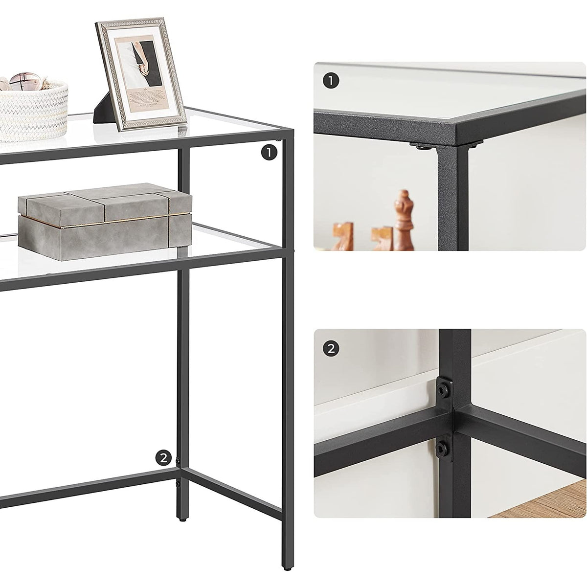 Konzolasztal polcokkal edzett üveglappal, fekete 100x80x35cm-3