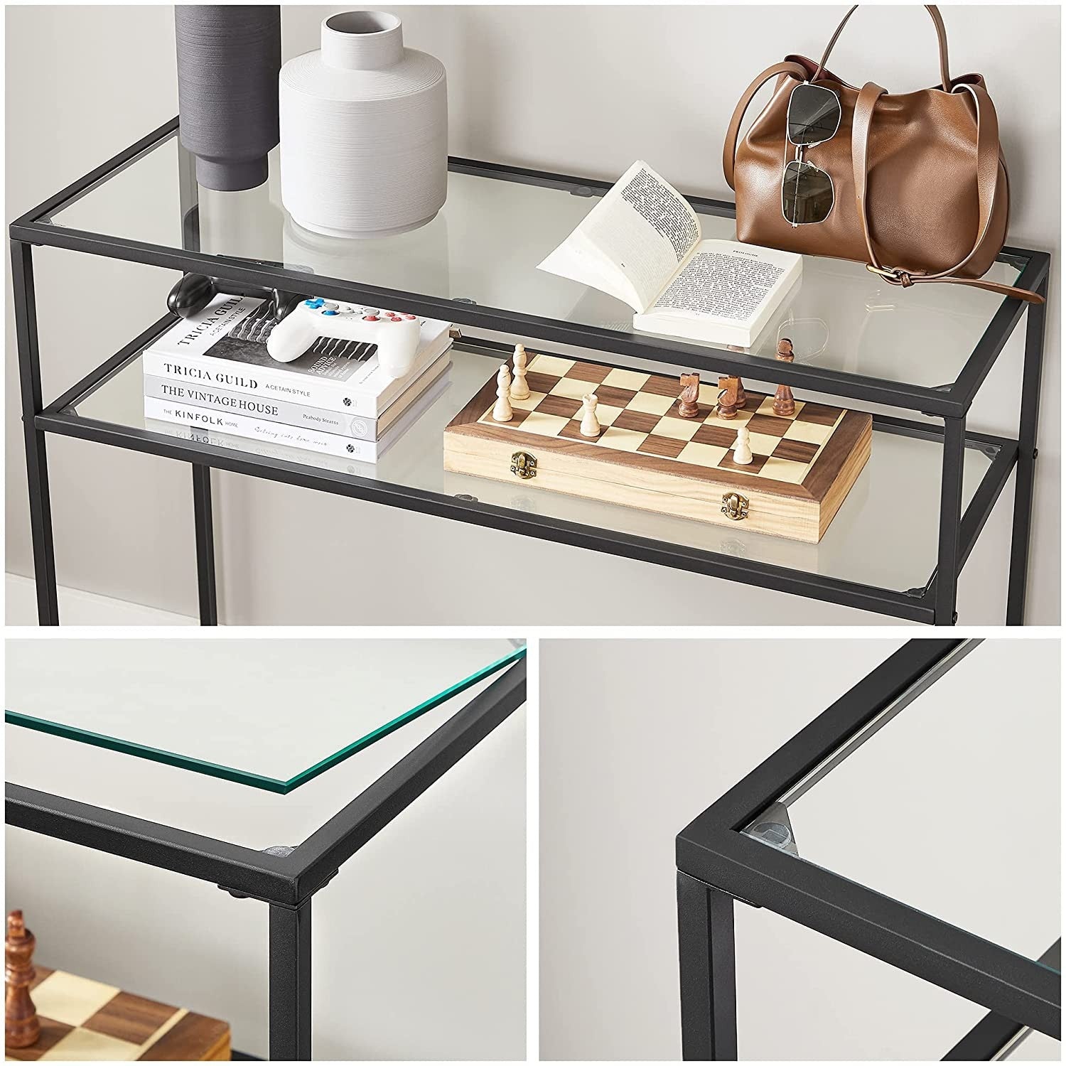 Konzolasztal polcokkal edzett üveglappal, fekete 100x80x35cm-7