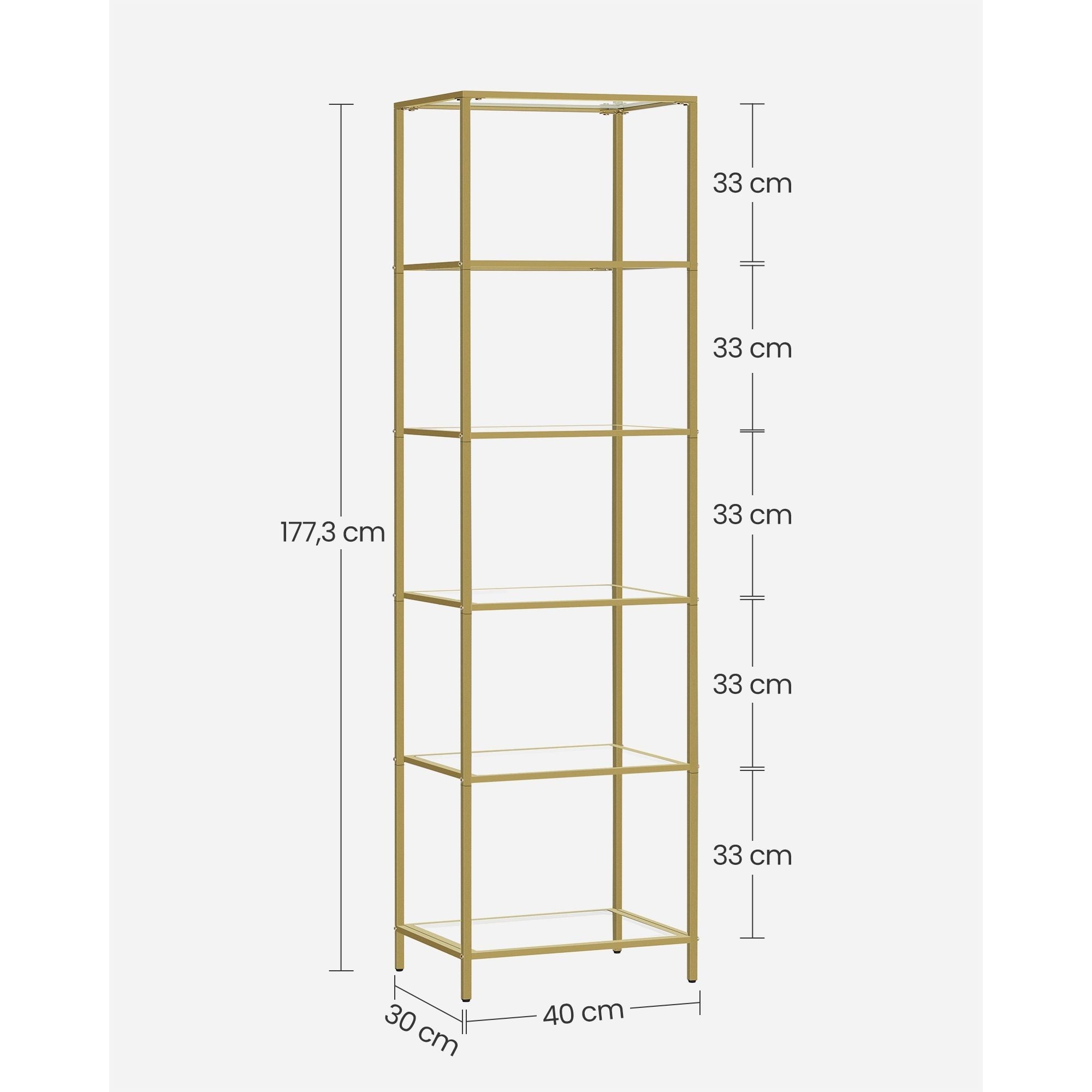 Fém tároló állvány üvegpolcokkal, 6 szintes, arany 40x30x177cm-2