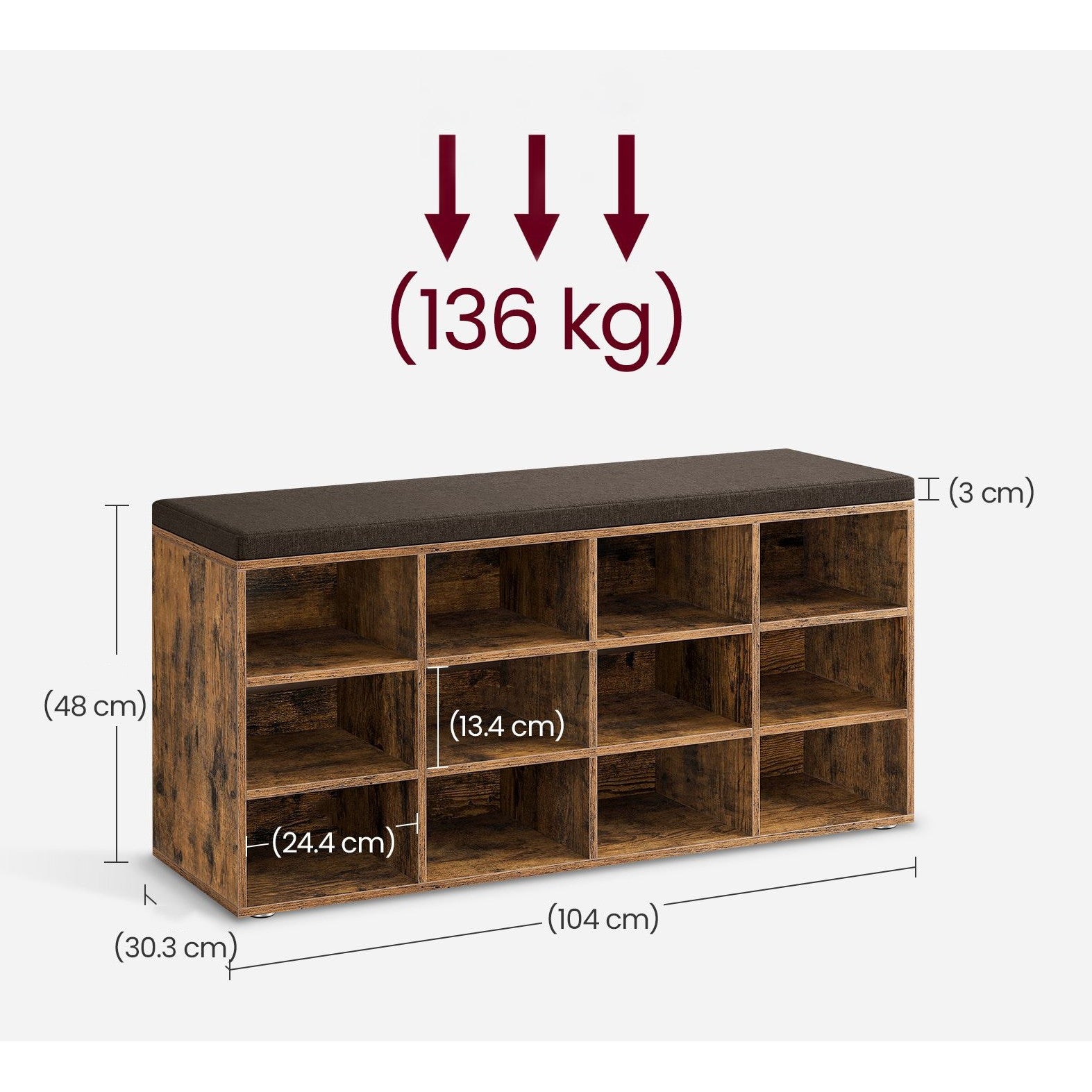 Cipőtároló pad, 12 rekesszel, párnázott ülőfelülettel, rusztikus barna 104x30x48cm-2