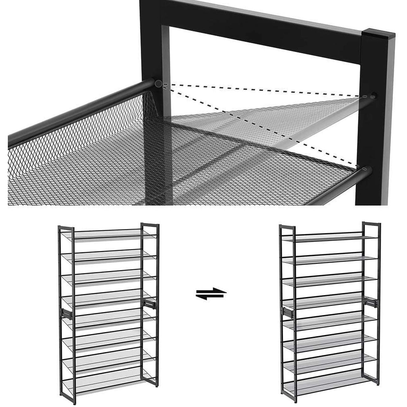 Cipőtartó polc 2x4 szintes fém háló polcokkal, fekete 92x30x163cm-3