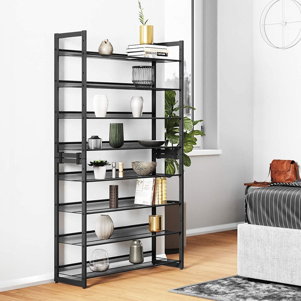 Cipőtartó polc 2x4 szintes fém háló polcokkal, fekete 92x30x163cm-5
