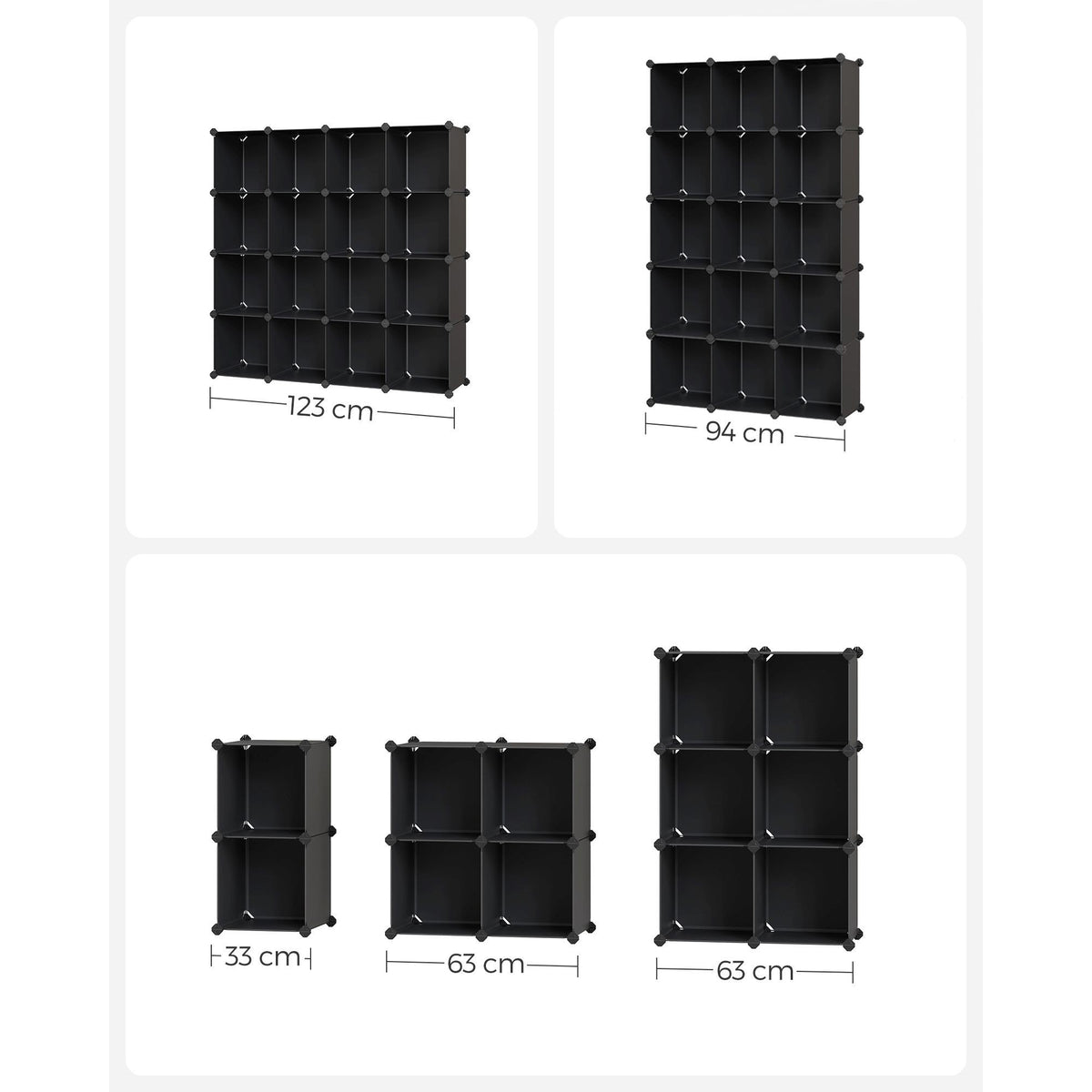 Tároló dobozok moduláris műanyag rendszerező kockák 15 db, fekete 123x31x123cm-3
