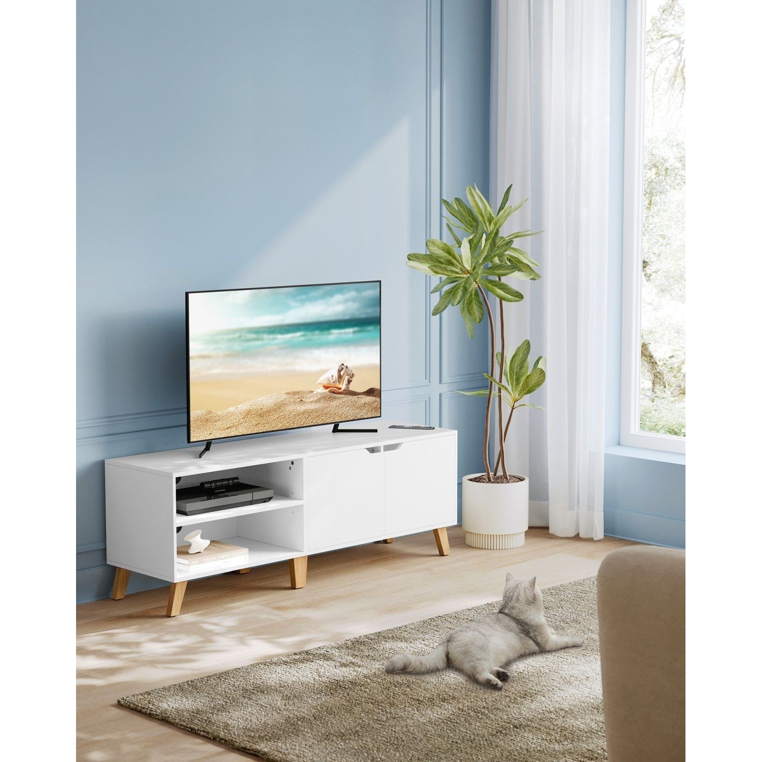 TV szekrény, 2 ajtóval, polcokkal, fehér 140x40x45cm-1
