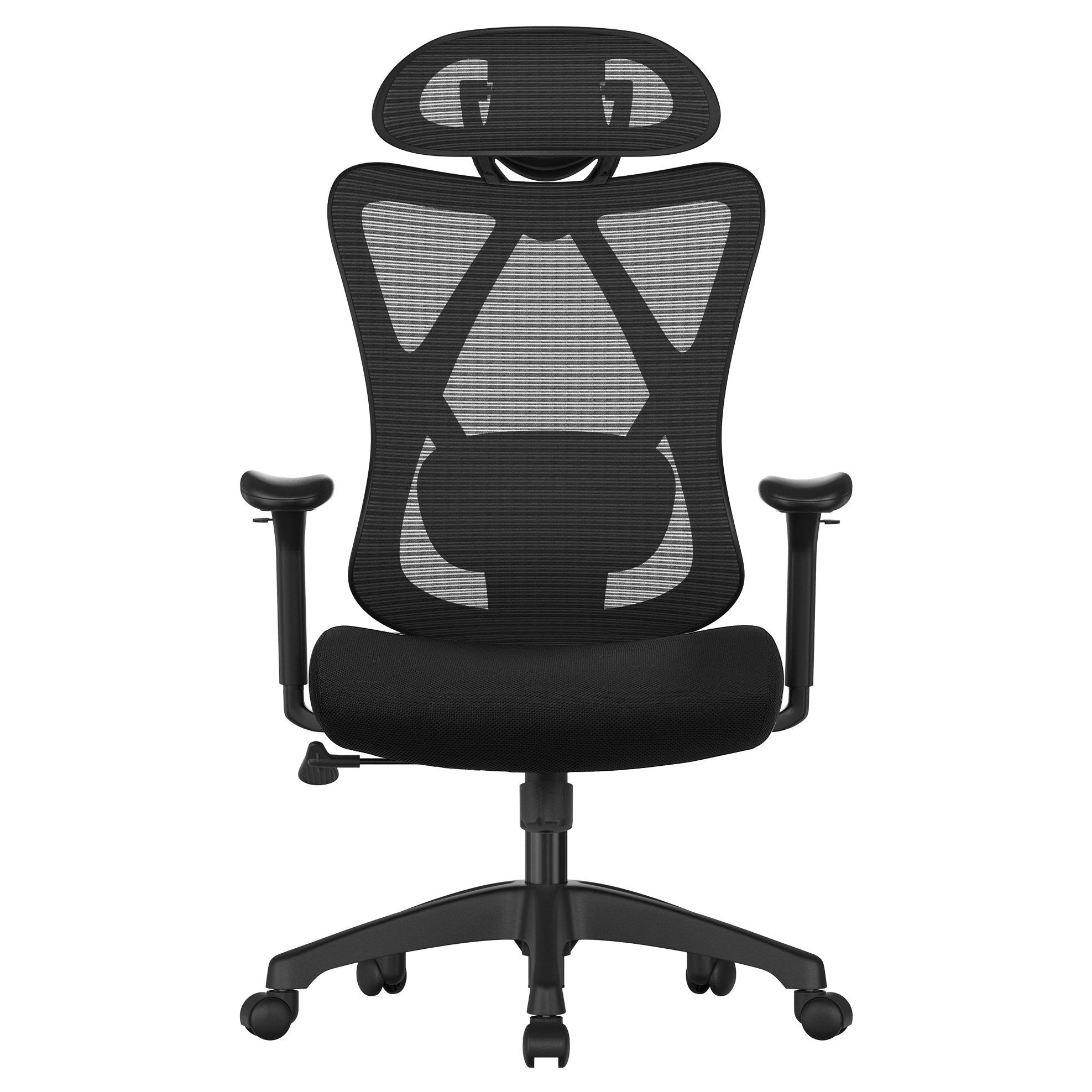 Irodai ergonomikus szék, állítható deréktámasszal és fejtámlával, fekete-0