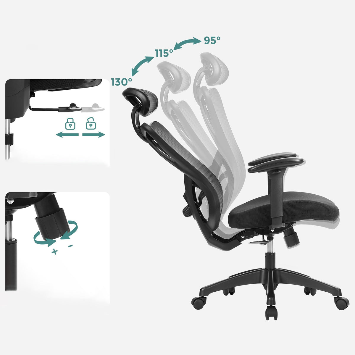 Irodai ergonomikus szék, állítható deréktámasszal és fejtámlával, fekete-7