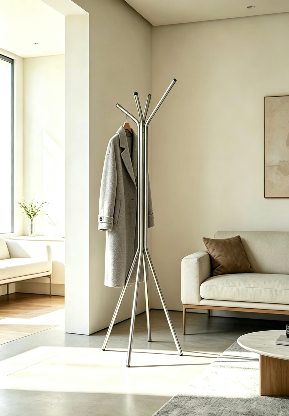 Linea ezüst álló fogas nappaliban, kabáttal