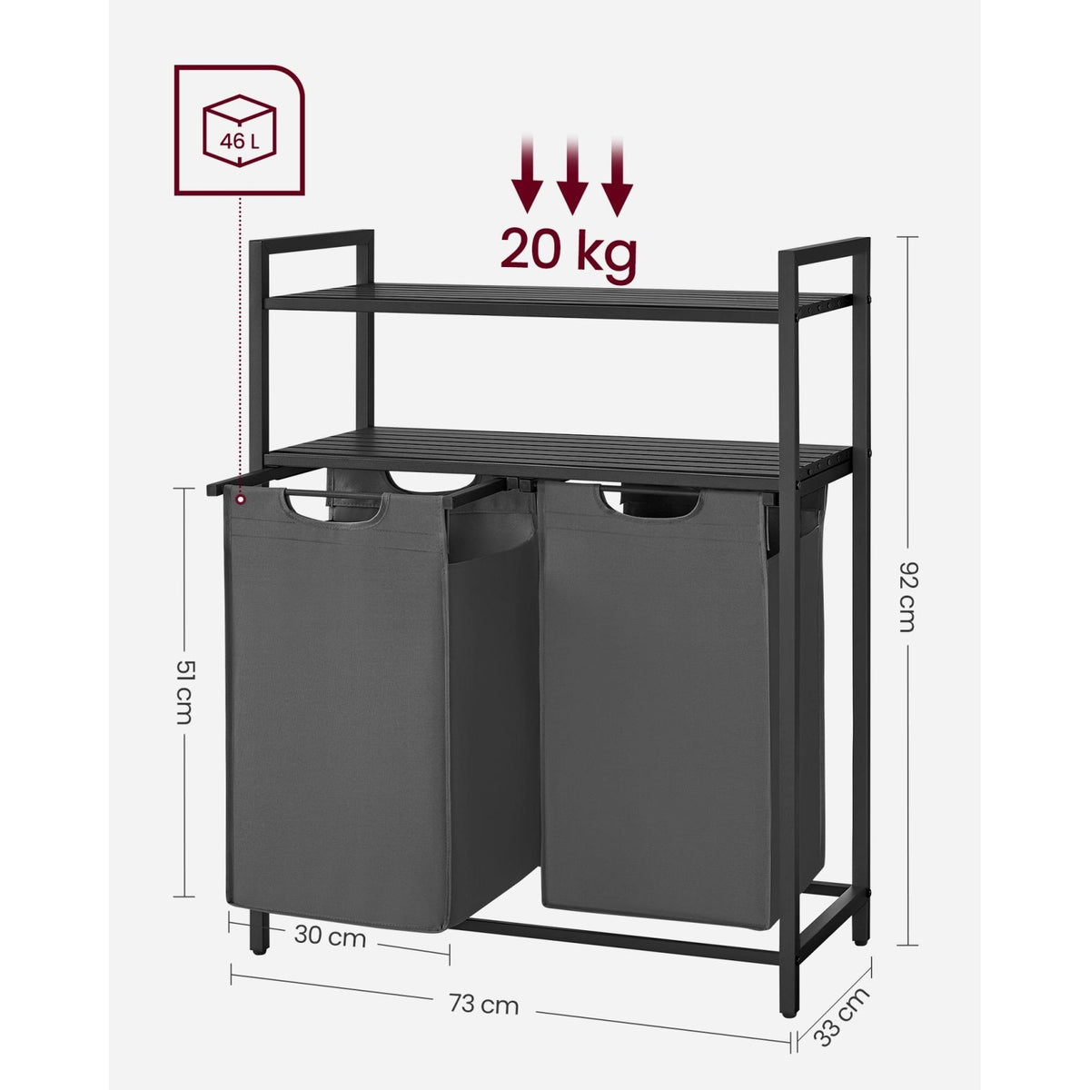Szennyestartó, polccal kihúzható és levehető ruhatartó zsákkal 2x46L, fekete-szürke-2