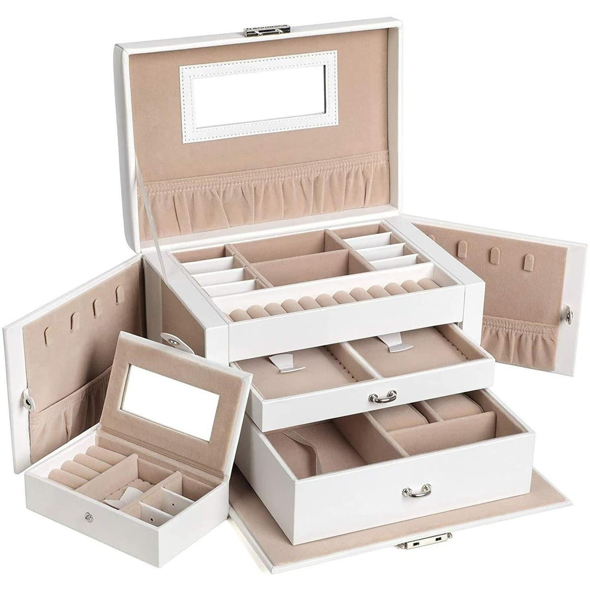 Ékszertartó doboz 2 fiókkal és tükörrel, fehér 26x18x17cm-0