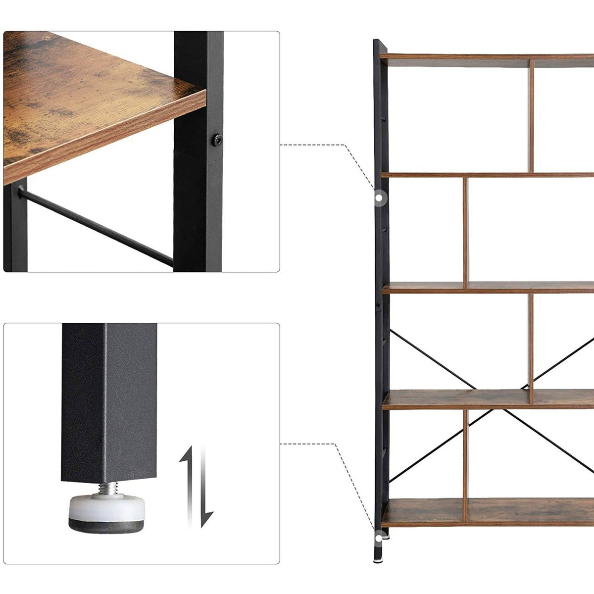 Könyvespolc, tárolópolc, rusztikus barna 154x74x30cm-4
