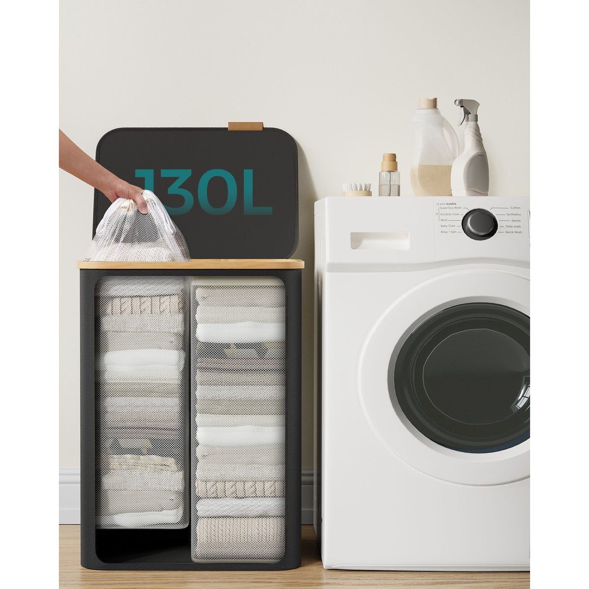 Szennyestartó, 2 rekeszes, 130L, kivehető hálós bélés, oxford szövet, bambusz fogantyúk, tinta feket-4
