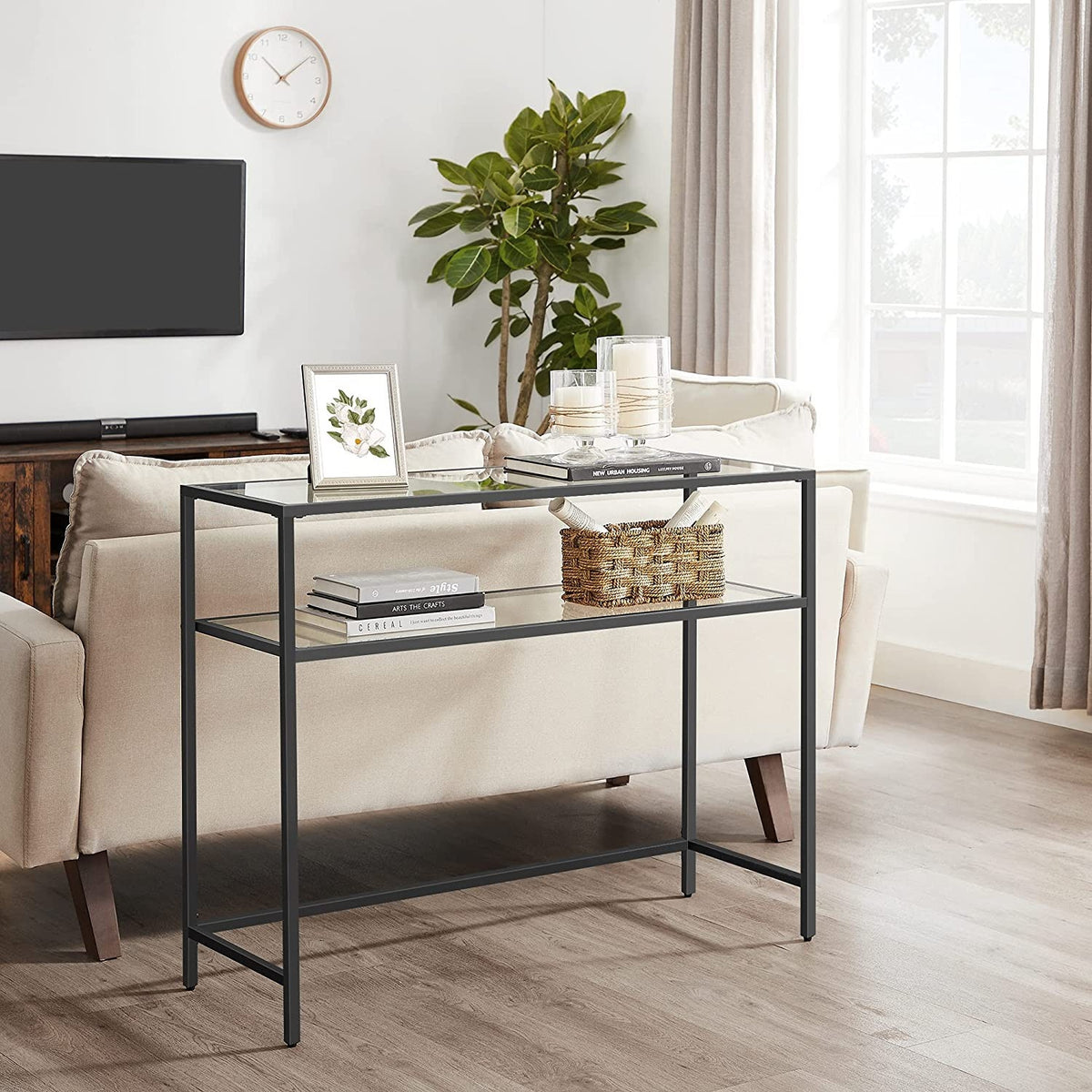 Konzolasztal polcokkal edzett üveglappal, fekete 100x80x35cm-8