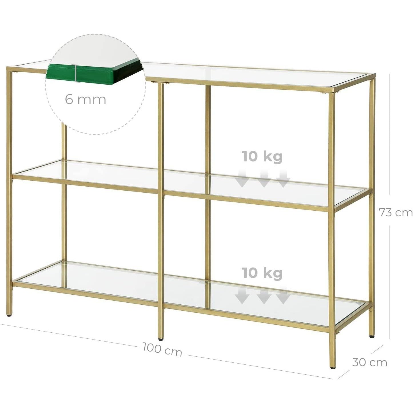 Konzolasztal polcokkal edzett üveglappal, arany 100x30x73cm-2