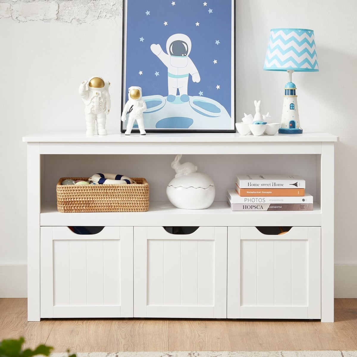 Tároló szekrény, játéktároló, 3 gurulós, kihúzható tárolódobozzal, fehér 102 x 30 x 60 cm-1