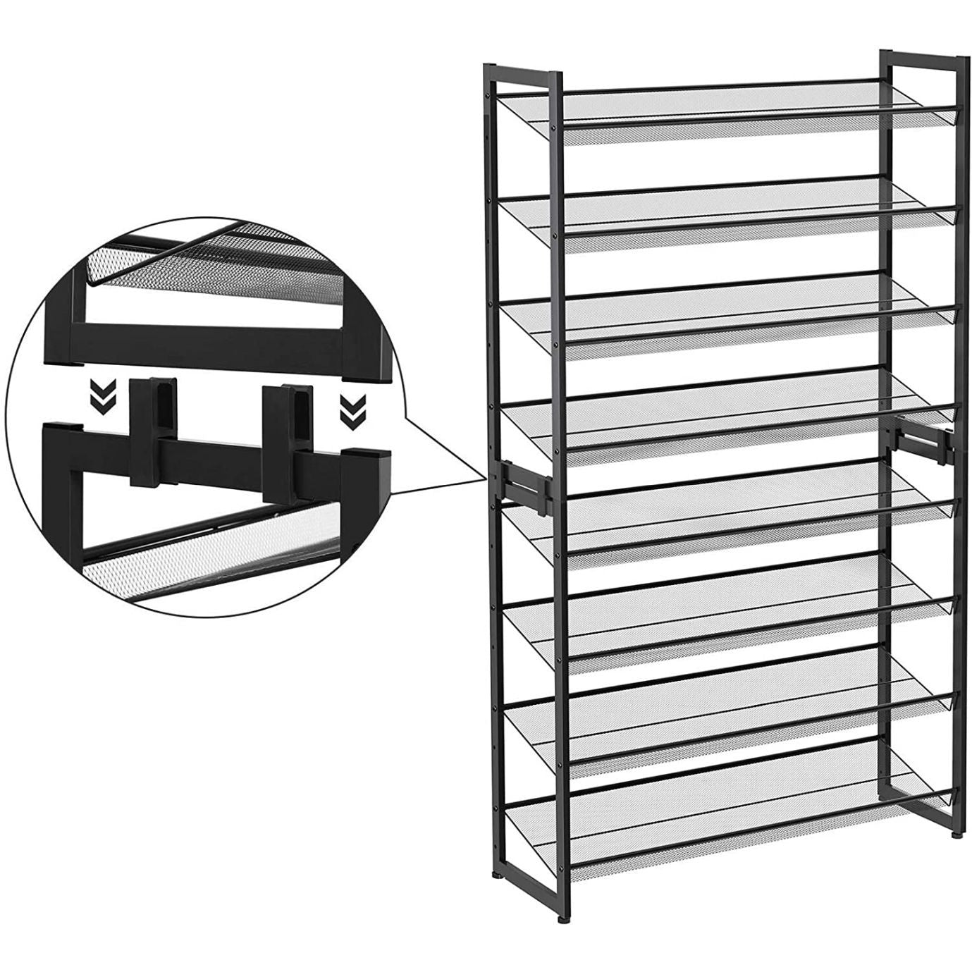 Cipőtartó polc 2x4 szintes fém háló polcokkal, fekete 92x30x163cm-1