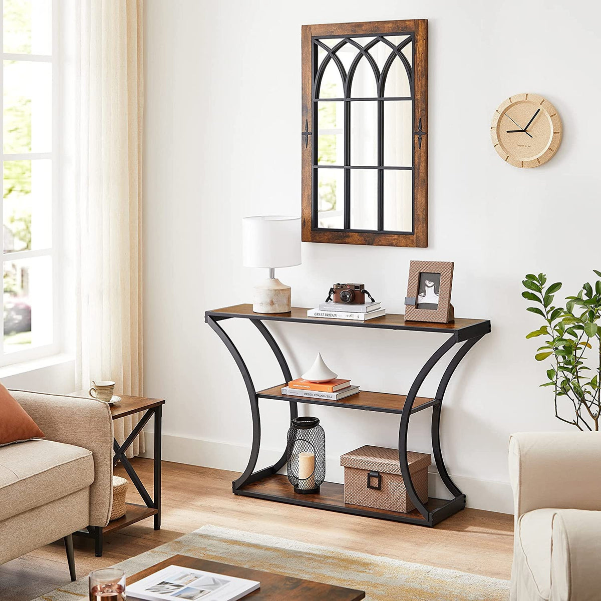 Konzolasztal polcokkal, rusztikus barna 120x30x80cm-4