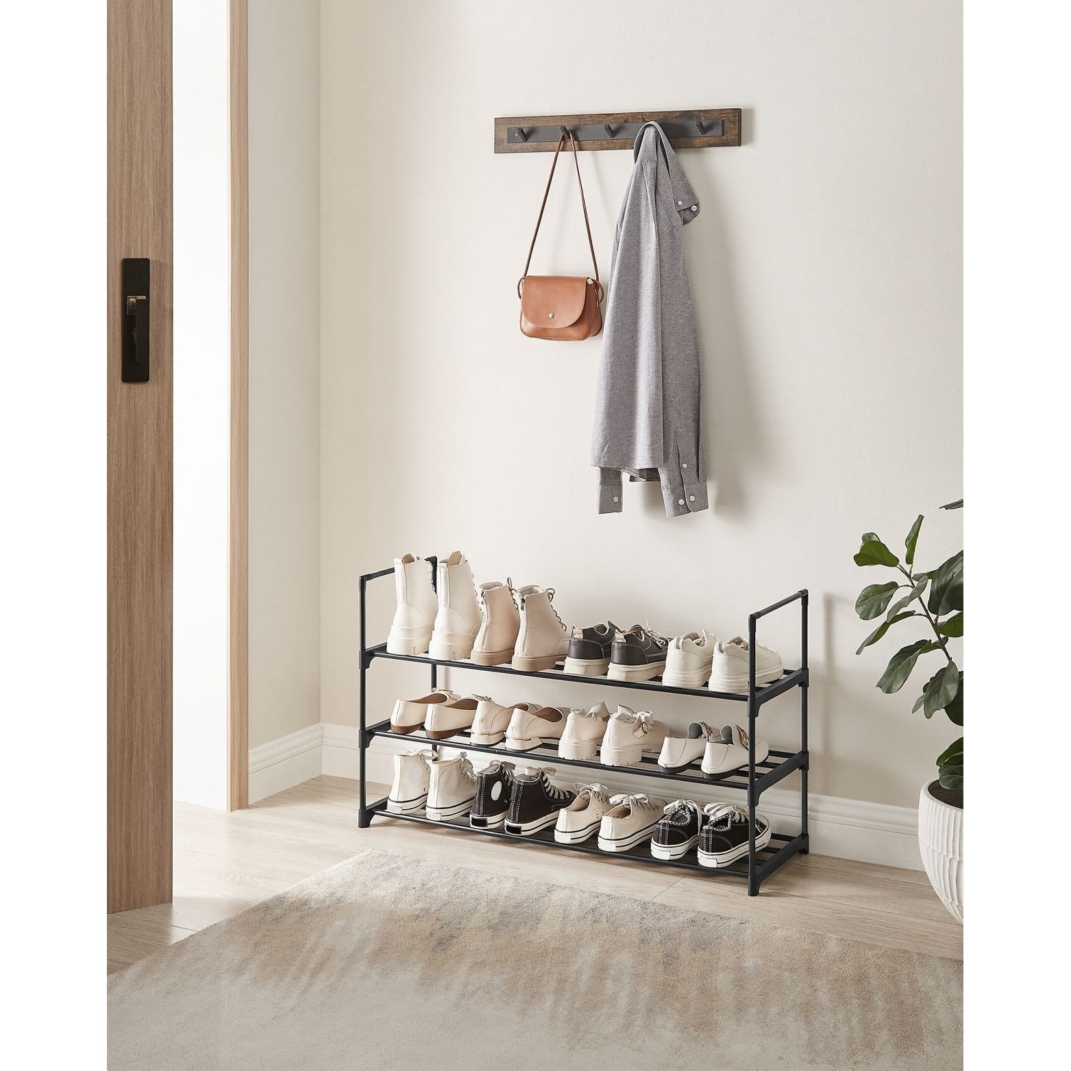 Cipőtartó polc 3 szintes fém vázzal, fekete 92x30x55cm-1