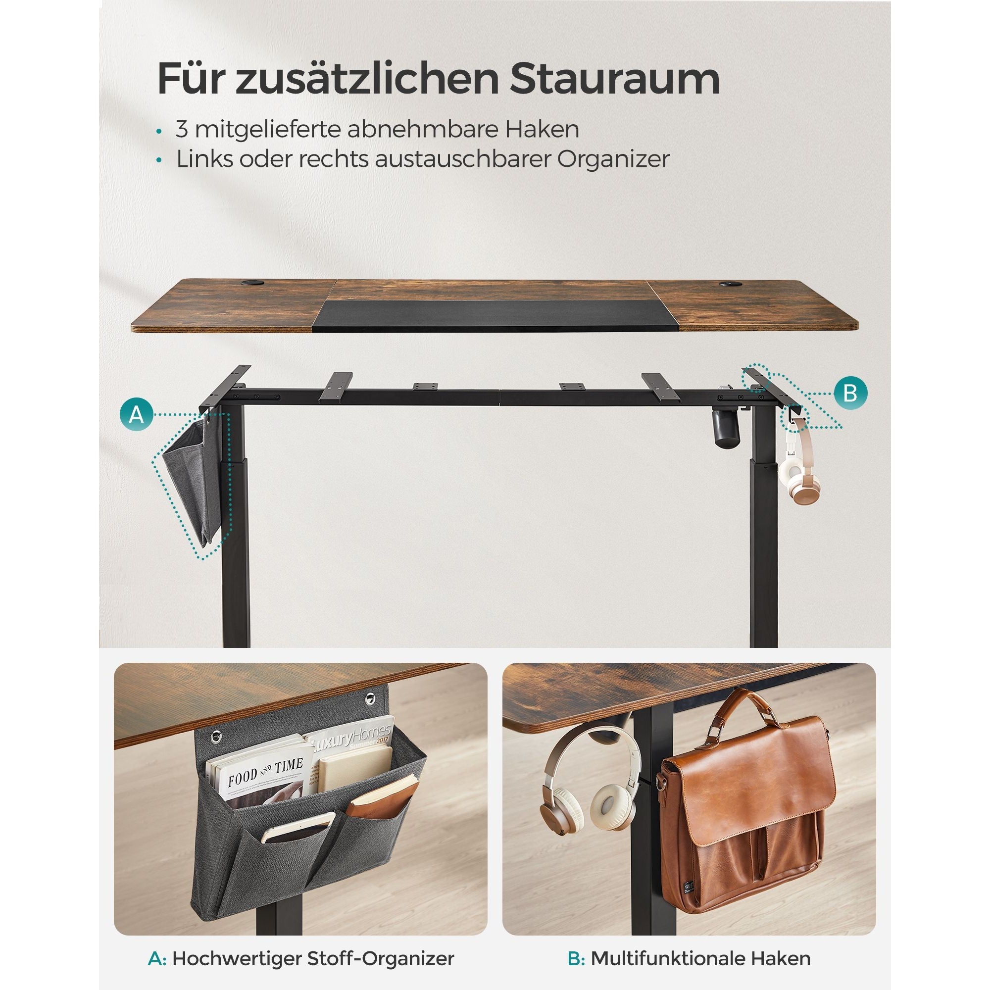 Íróasztal, elektromosan állítható magasság, rusztikus barna és fekete 70 x 160 x (72-120) cm-5