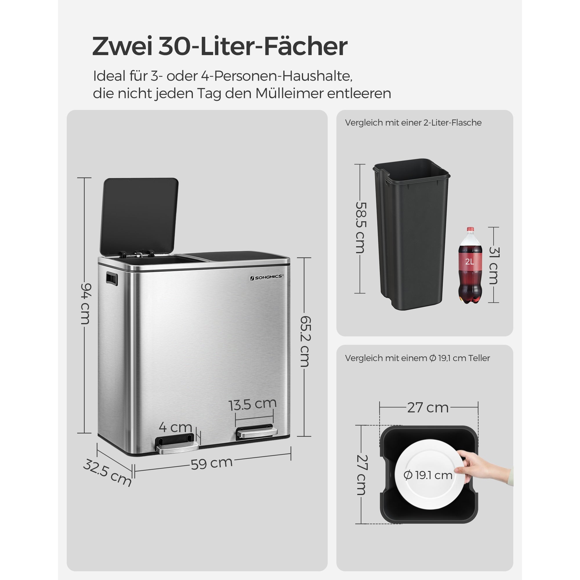 Szelektív szemeteskuka 2x30L, ezüst-5