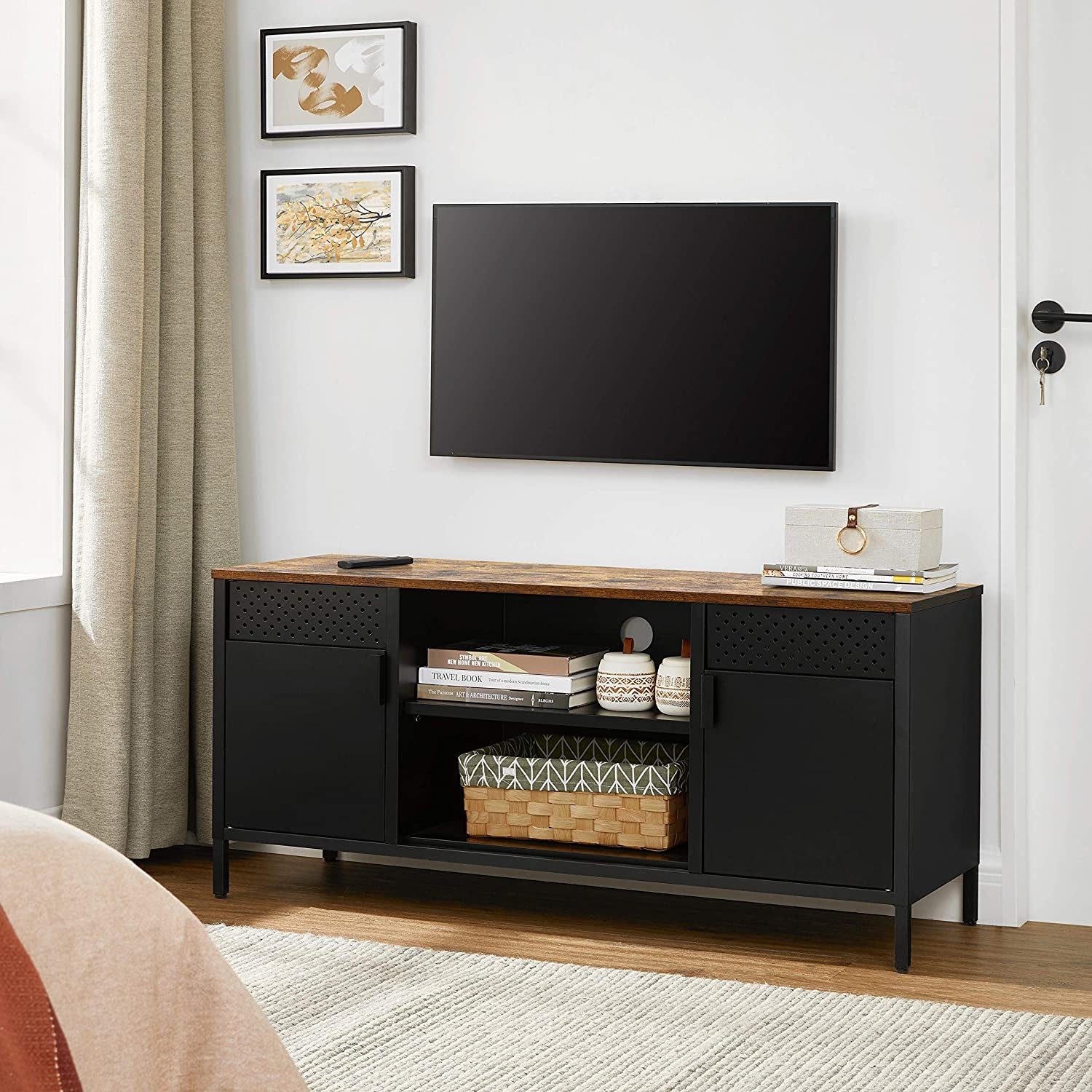 TV szekrény, 2 ajtóval, polcokkal, rusztikus barna és fekete 120x40x55cm-2