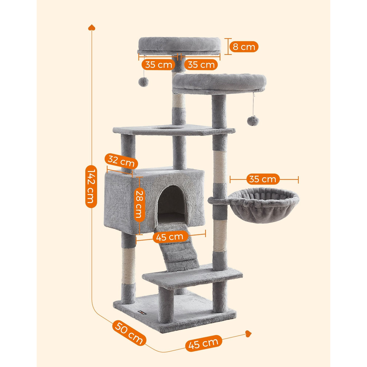 Macska kaparófa, cicaházzal, plüss pihenőhelyekkel, szürke 50x45x142cm-2