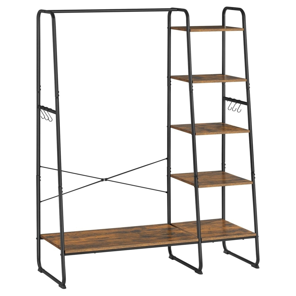 Ruhatároló, ruhaakasztó, 5 szintes polccal, 6 akasztóval, ‎45 x 120 x 160 cm, rusztikus barna-0