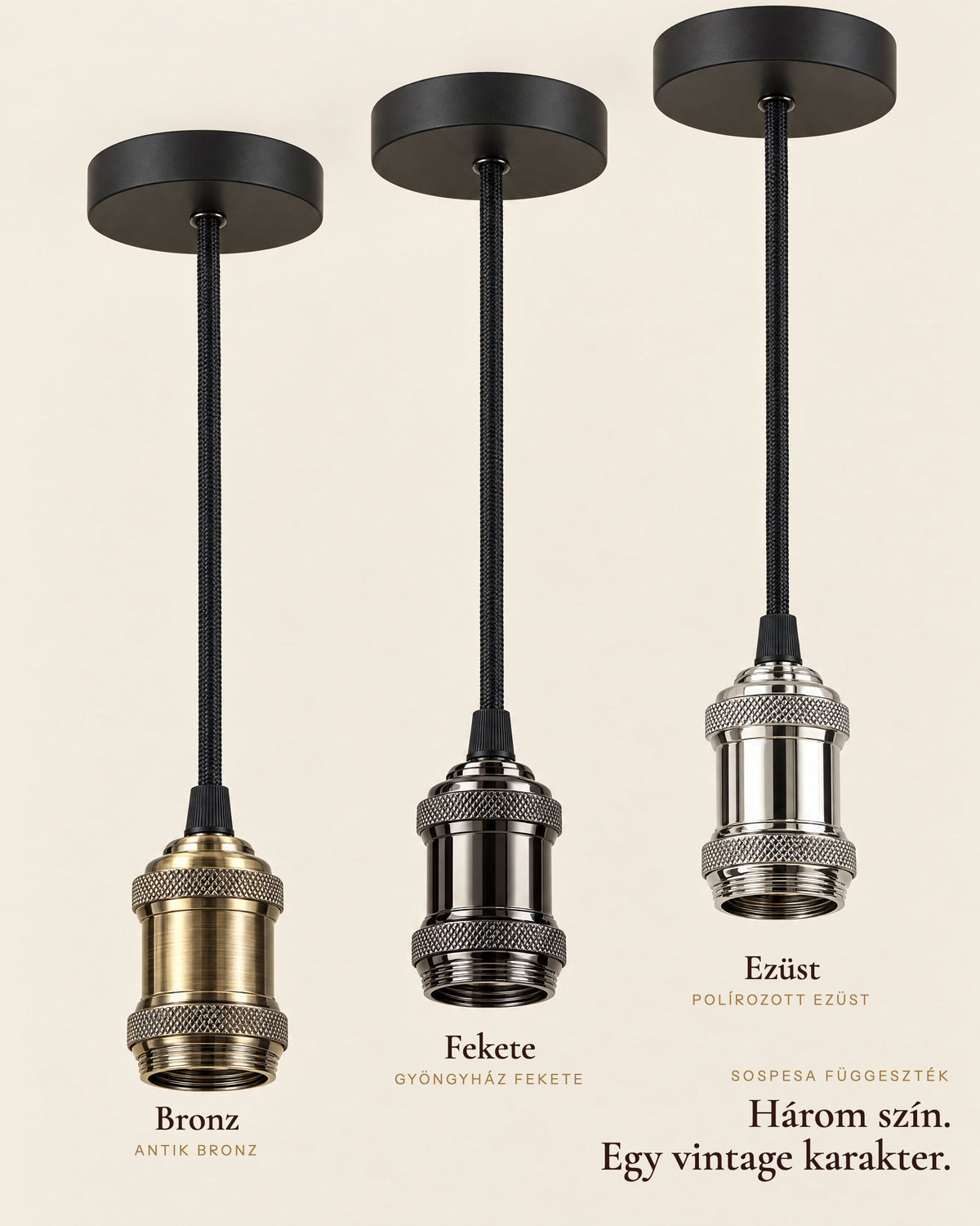 Sospesa vintage függeszték három színben: bronz, fekete és ezüst foglalattal